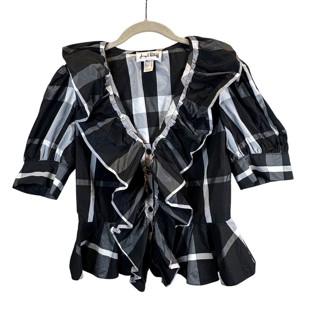 Joseph Ribkoff Black White Gingham Ruffle Peplum Blouse 59135 Size 8